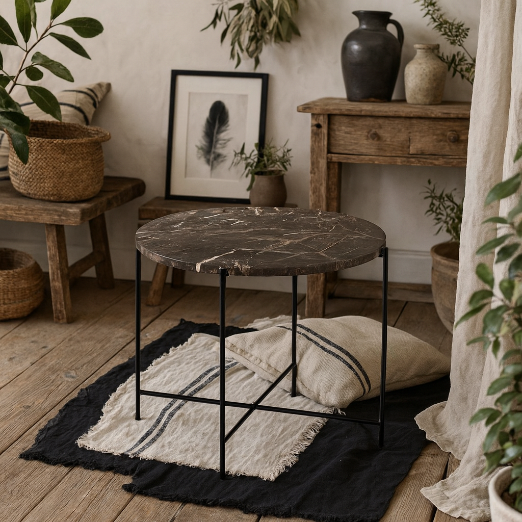 Verona Round Brown Marble Stone Side Table