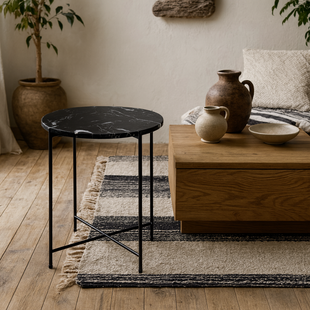 Verona Round Black Marble Stone Side Table