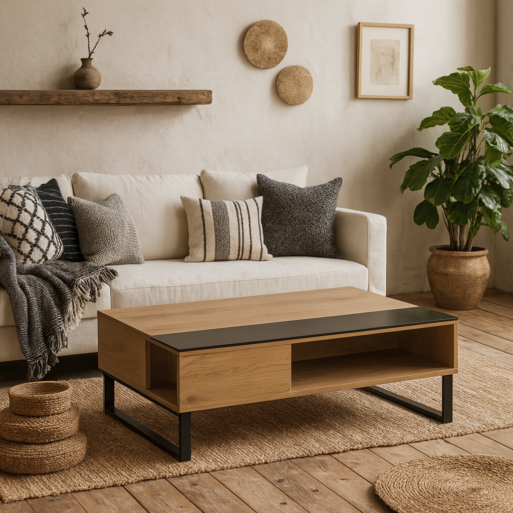 Malta Black and Natural Oak Wood Lift Up Coffee Table Open Storage