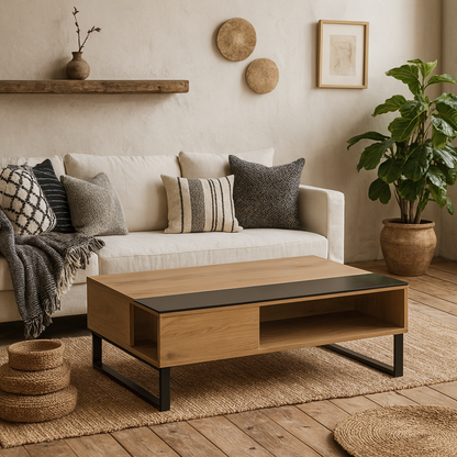Malta Black and Natural Oak Wood Lift Up Coffee Table Open Storage