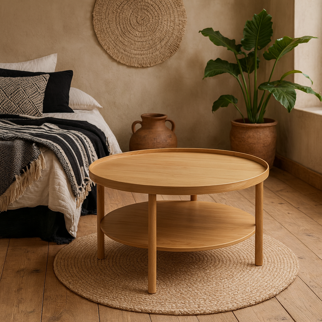 Bermudas Natural Oak Wood Round Coffee Table Bottom Shelf
