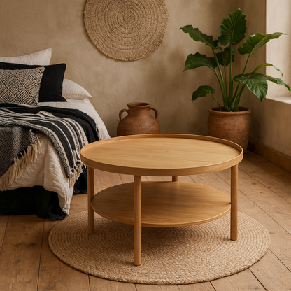 Bermudas Natural Oak Wood Round Coffee Table Bottom Shelf