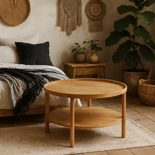 Bermudas Natural Oak Wood Round Coffee Table Bottom Shelf