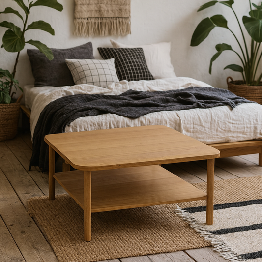 Bermudas Natural Oak Wood Square Coffee Table Bottom Shelf