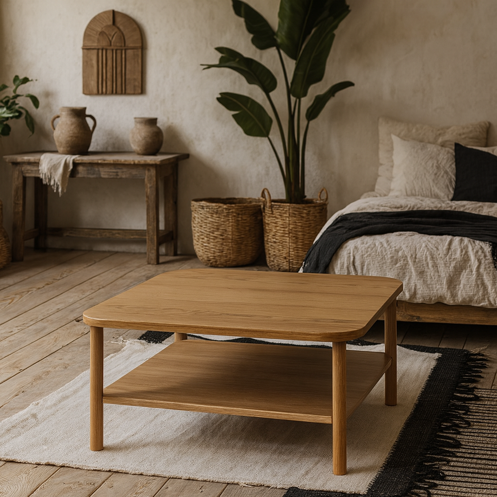 Bermudas Natural Oak Wood Square Coffee Table Bottom Shelf