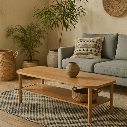 Bermudas Natural Oak Wood Rectangular Coffee Table Bottom Shelf