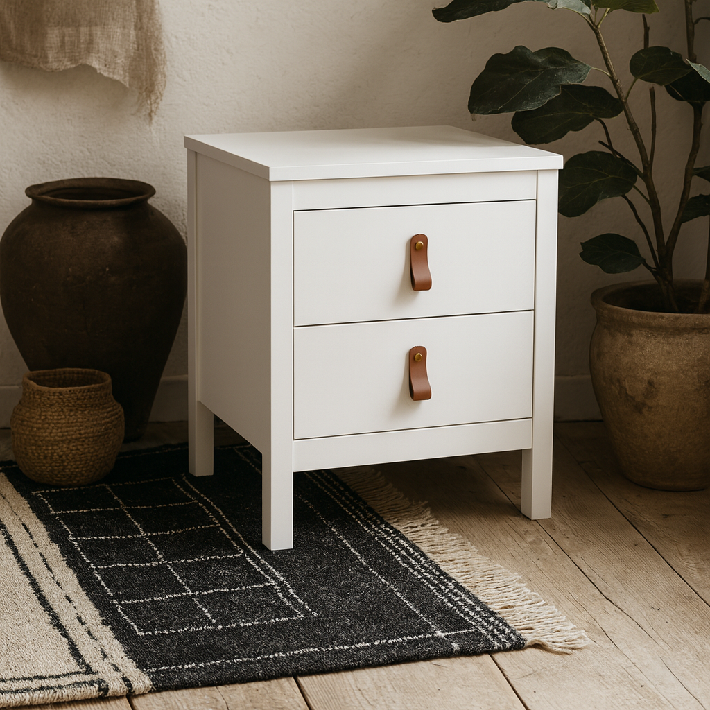 Wildberry Matt White Wooden Bedside Table 2 Drawers Leather Handles