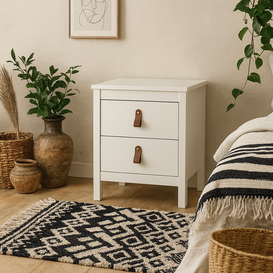 Wildberry Matt White Wooden Bedside Table 2 Drawers Leather Handles