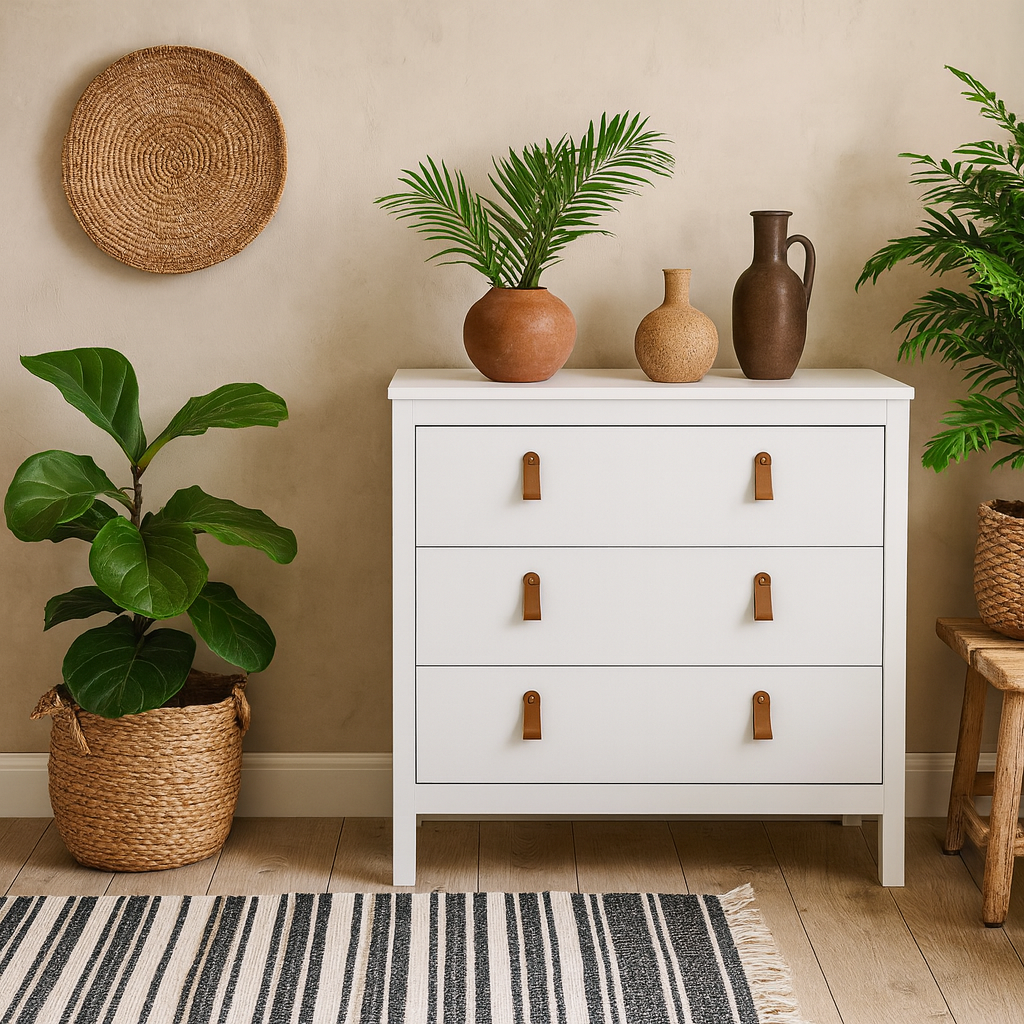 Wildberry Matt White Wooden Chest 3 Drawers Leather Handles