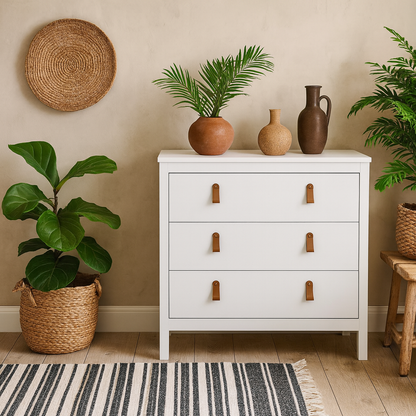 Wildberry Matt White Wooden Chest 3 Drawers Leather Handles