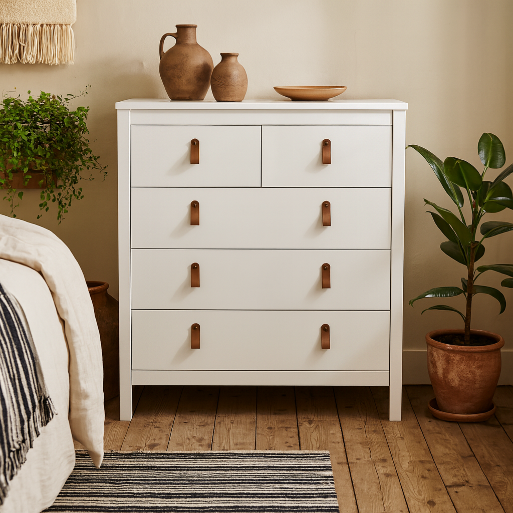 Wildberry Matt White Wooden Chest 5 Drawers Leather Hndles