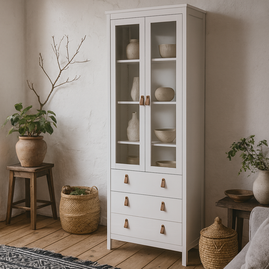 Wildberry Matt White Wooden China Cabinet 2 Glass Doors 3 Drawers Leather Handles