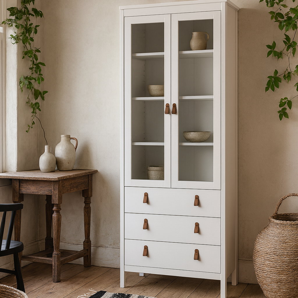 Wildberry Matt White Wooden China Cabinet 2 Glass Doors 3 Drawers Leather Handles