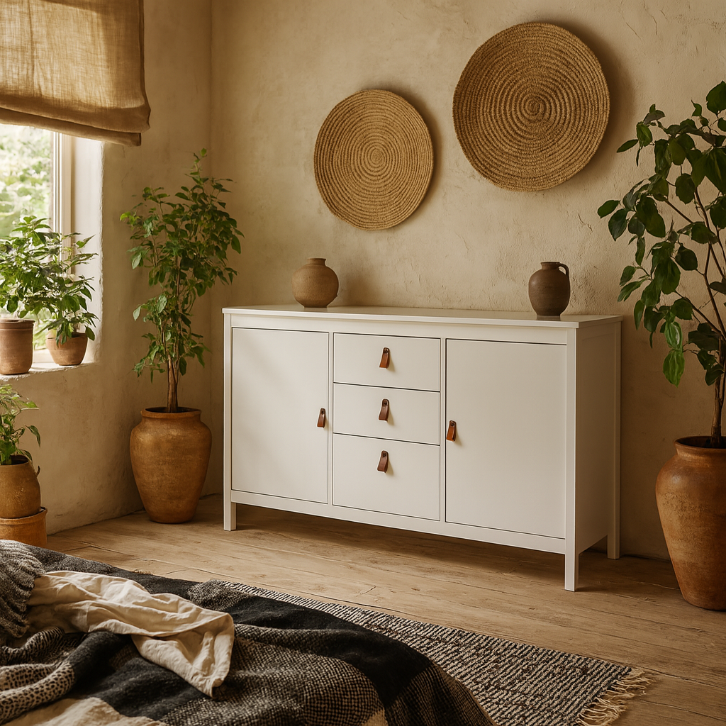 Wildberry Matt White Wooden Sideboard 2 Doors 3 Drawers Leather Handles