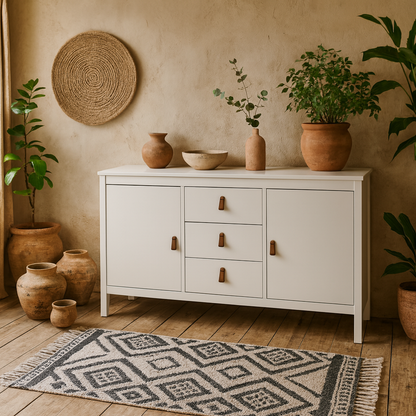 Wildberry Matt White Wooden Sideboard 2 Doors 3 Drawers Leather Handles