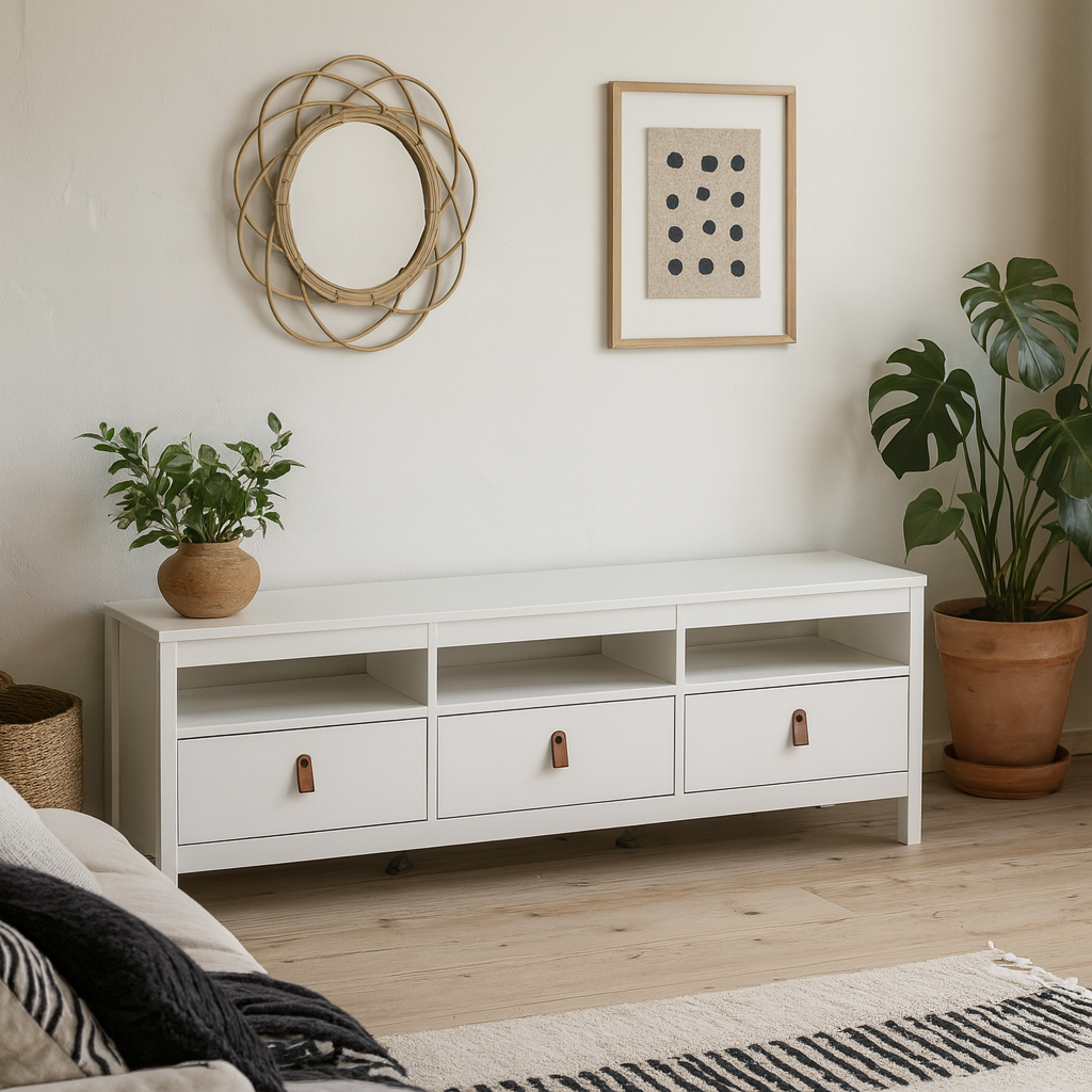 Wildberry Matt White Wooden TV Unit 3 Drawers Leather Handles