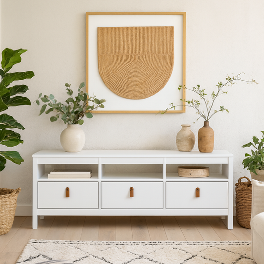 Wildberry Matt White Wooden TV Unit 3 Drawers Leather Handles