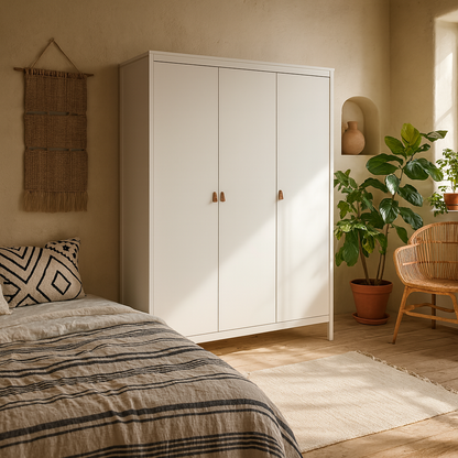 Wildberry Matt White Wardrobe 3 Doors Leather Handles