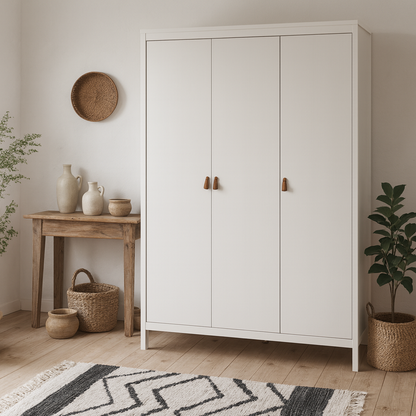 Wildberry Matt White Wardrobe 3 Doors Leather Handles