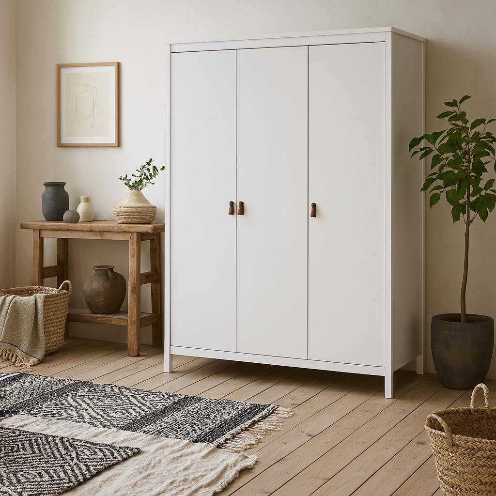 Wildberry Matt White Wardrobe 3 Doors Leather Handles