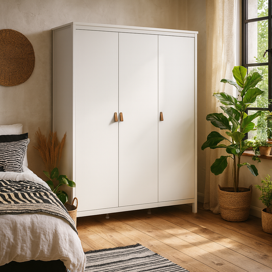 Wildberry Matt White Wardrobe 3 Doors Leather Handles