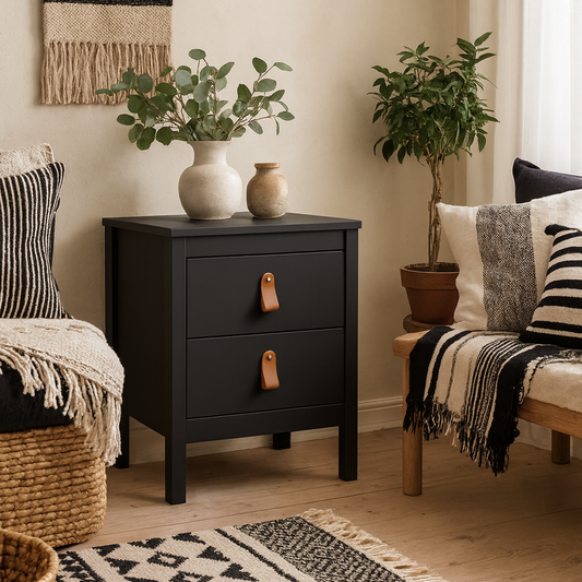 Wildberry Matt Black Bedside Table 2 Drawers Leather Handles