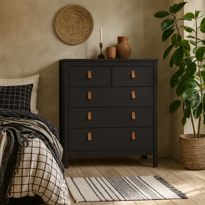 Wildberry Matt Black Chest 5 Drawers Leather Handles