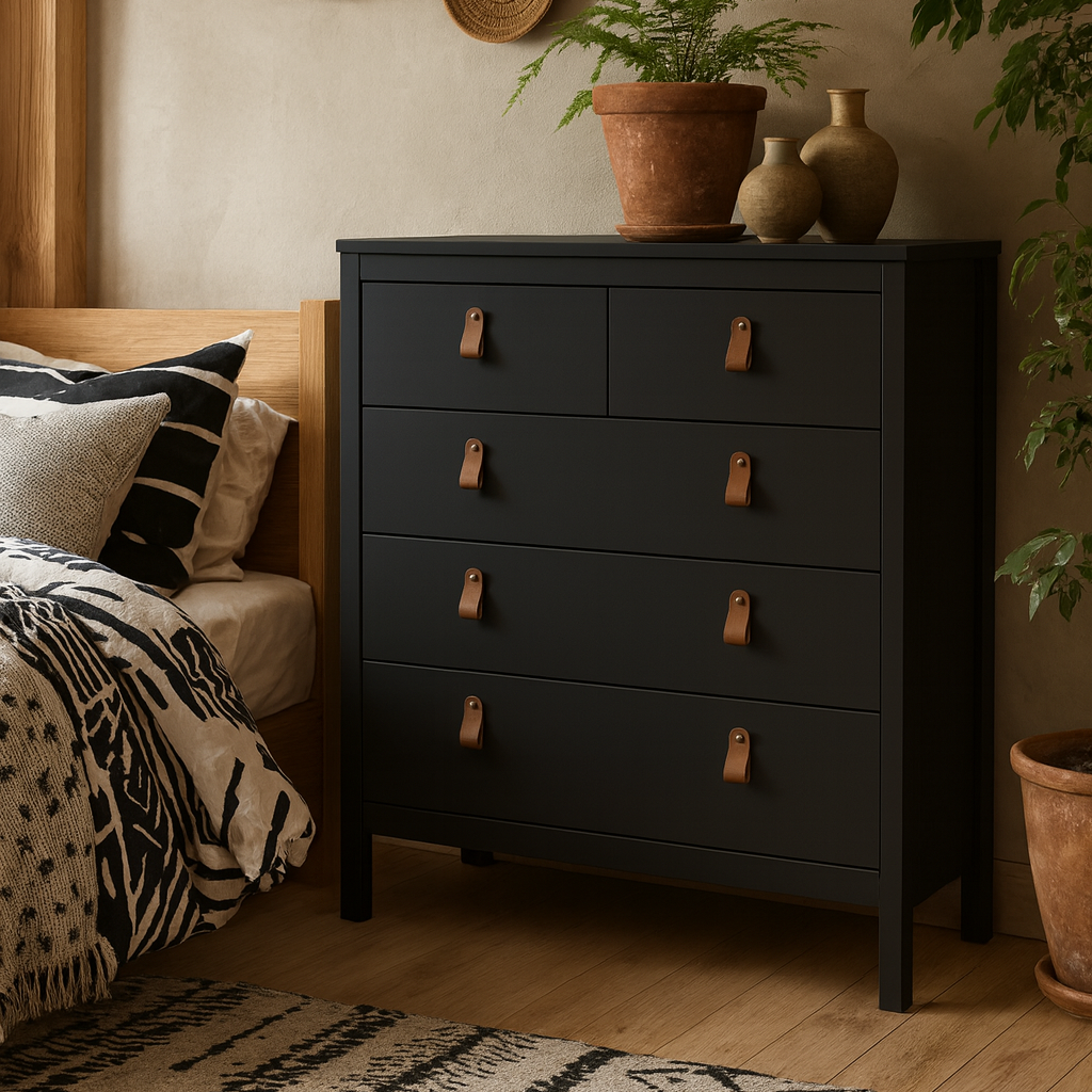 Wildberry Matt Black Chest 5 Drawers Leather Handles