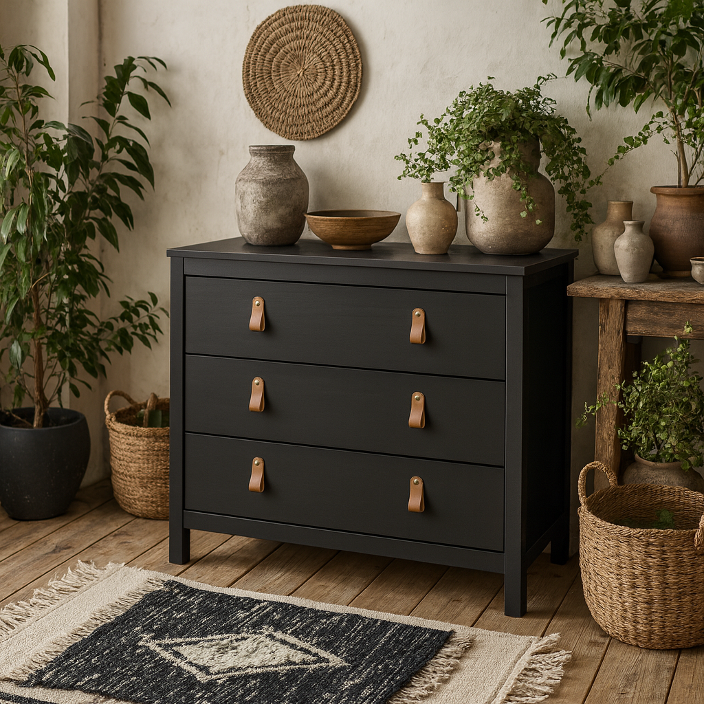 Wildberry Matt Black Chest 3 Drawers Leather Handles