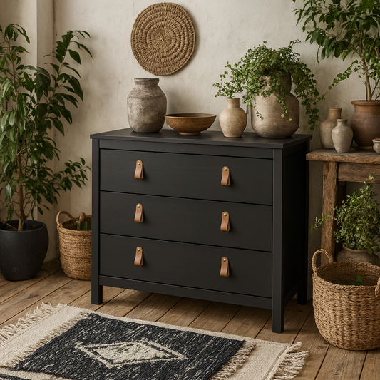 Wildberry Matt Black Chest 3 Drawers Leather Handles