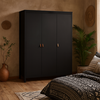 Wildberry Matt Black Wardrobe 3 Doors Leather Handles