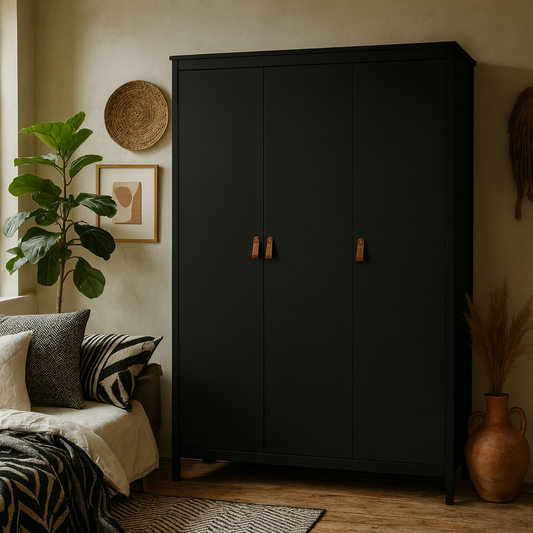 Wildberry Matt Black Wardrobe 3 Doors Leather Handles