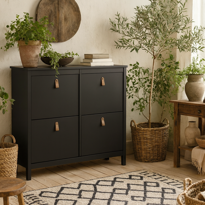 Wildberry Matt Black Wooden Shoe Cabinet 4 Flip Down Doors Leather Handles