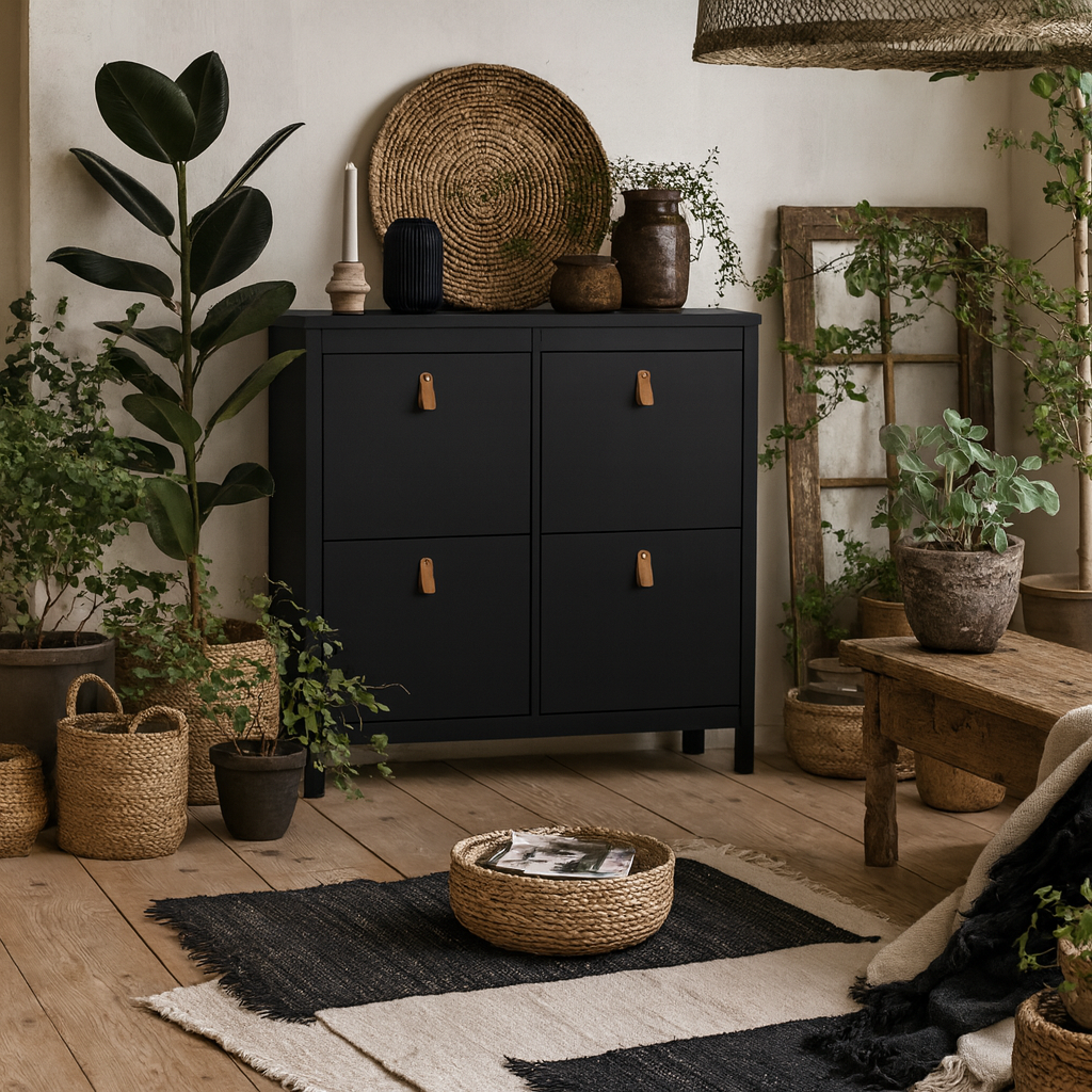 Wildberry Matt Black Wooden Shoe Cabinet 4 Flip Down Doors Leather Handles