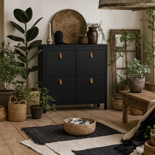 Wildberry Matt Black Wooden Shoe Cabinet 4 Flip Down Doors Leather Handles