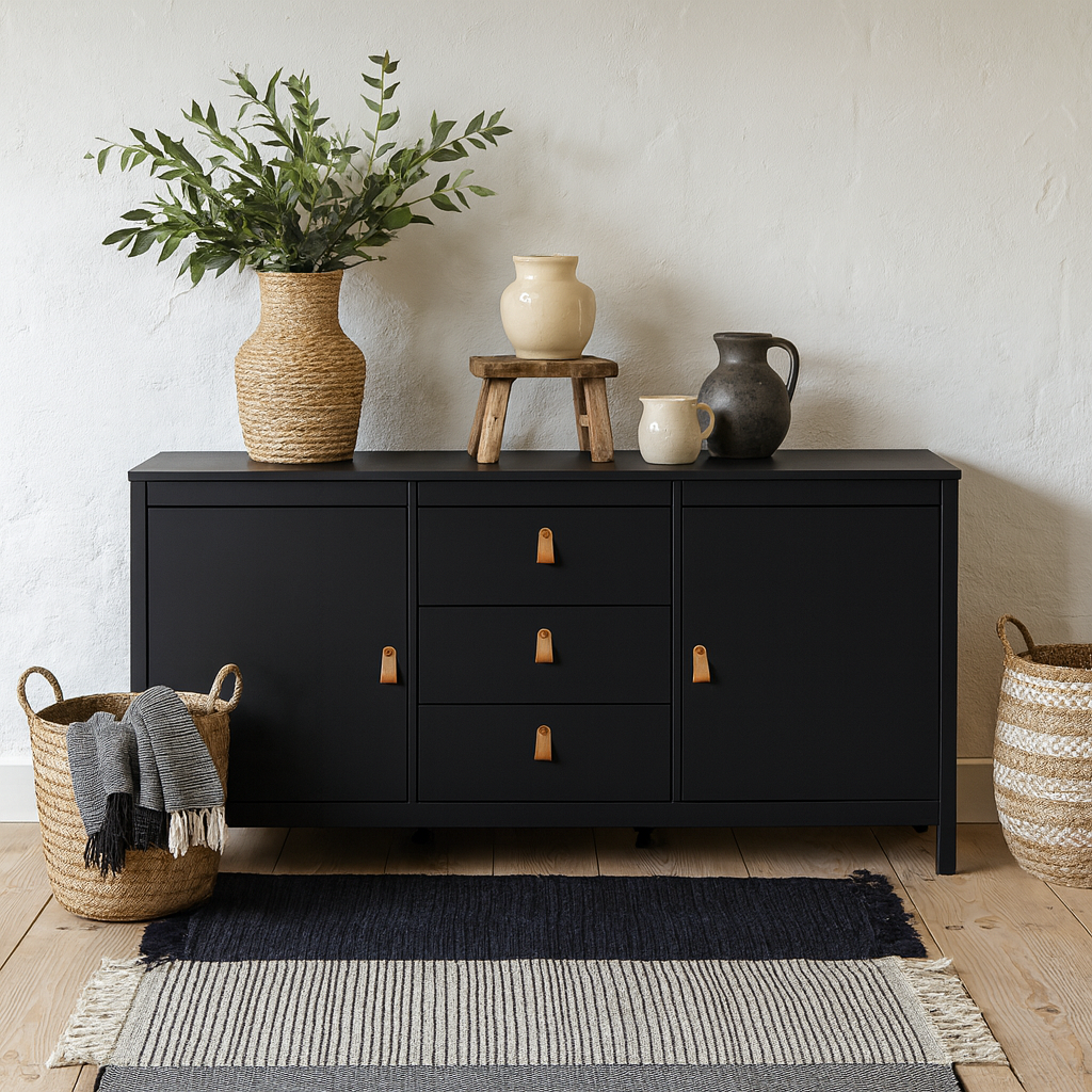Wildberry Matt Black Wooden Sideboard 2 Doors 3 Drawers Leather Handles
