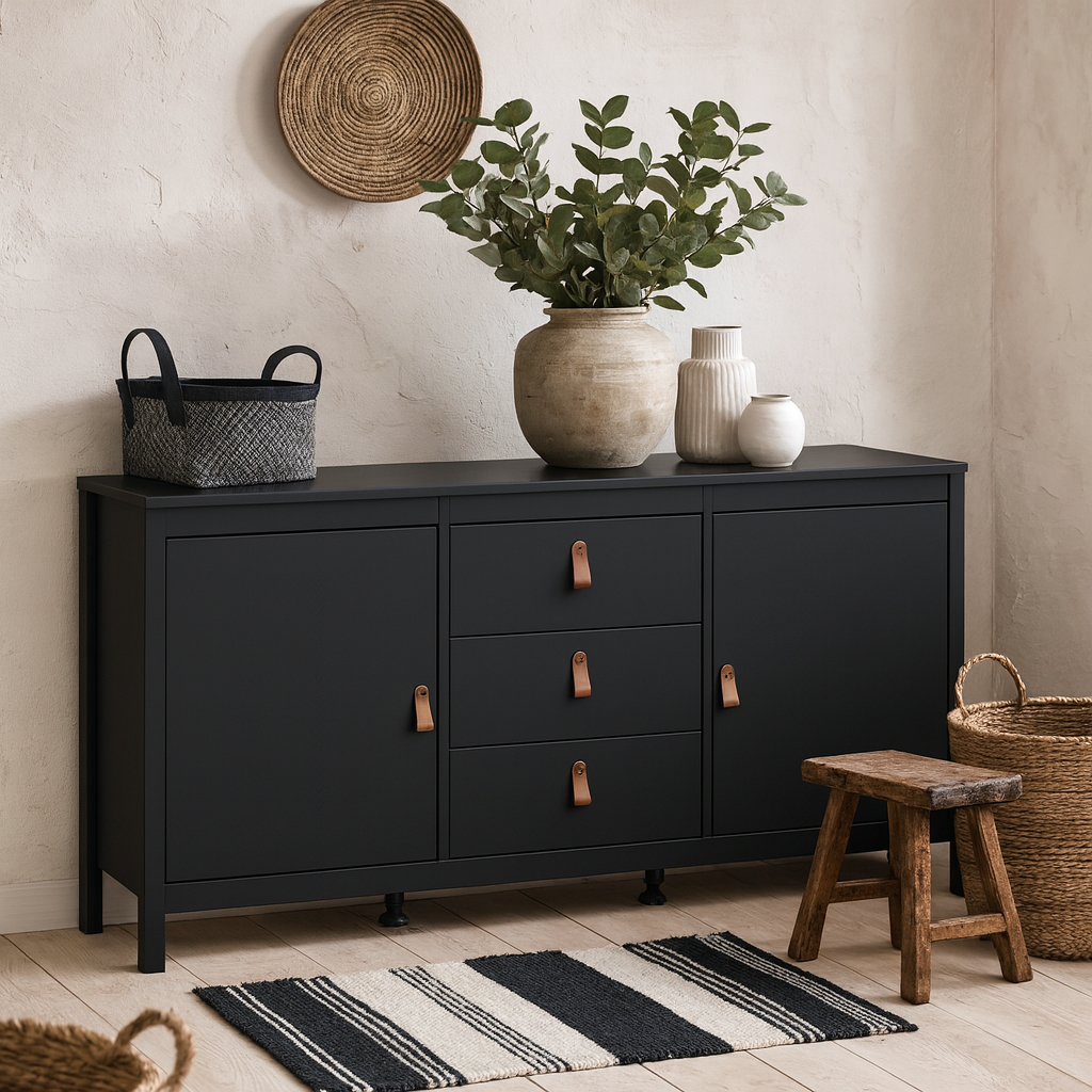 Wildberry Matt Black Wooden Sideboard 2 Doors 3 Drawers Leather Handles