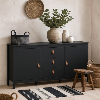 Wildberry Matt Black Wooden Sideboard 2 Doors 3 Drawers Leather Handles