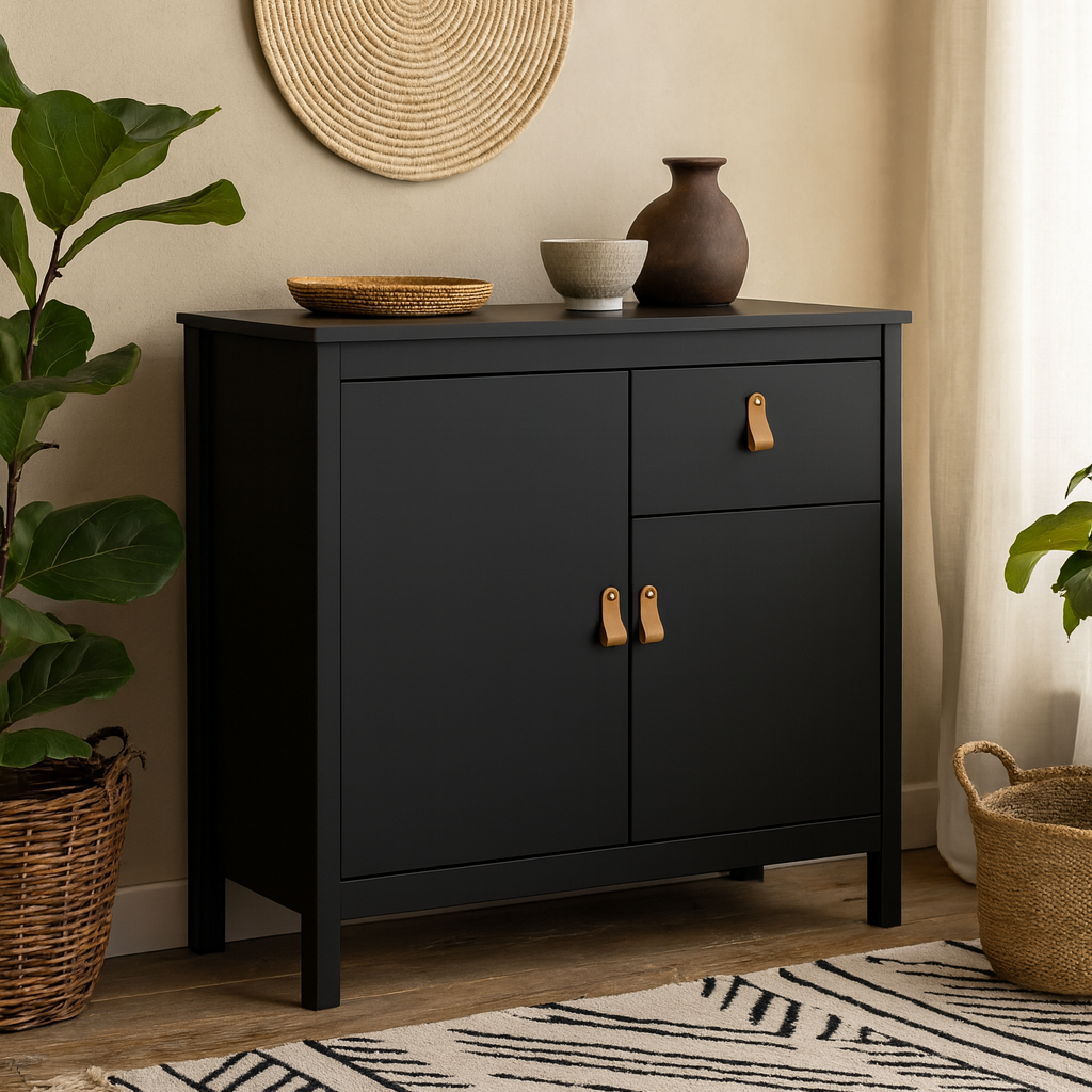 Wildberry Matt Black Wooden Sideboard 2 Doors 1 Drawer Leather Handles
