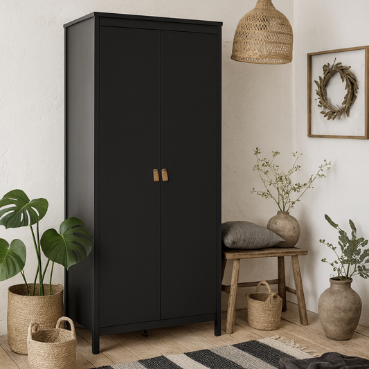 Wildberry Black Matt Wooden Wardrobe 2 Doors Leather Handles