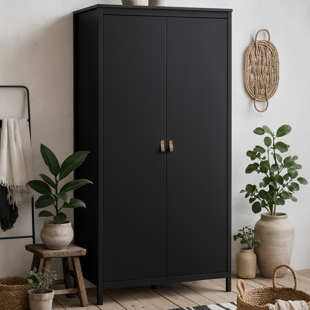 Wildberry Black Matt Wooden Wardrobe 2 Doors Leather Handles