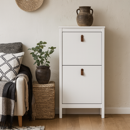 Wildberry Matt White Wooden Shoe Cabinet 2 Flip Down Doors Leather Handles