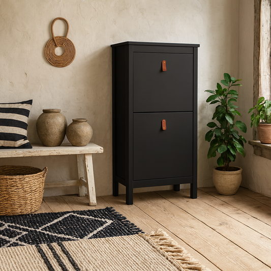 Wildberry Matt Black Wooden Shoe Cabinet 2 Flip Down Doors Leather Handles
