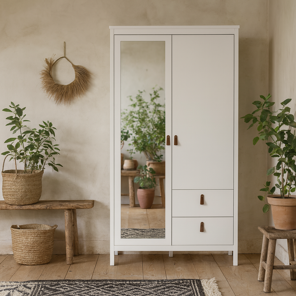 Wildberry Matt White Wooden Mirror Wardrobe 2 Doors 2 Drawers Leather Handles