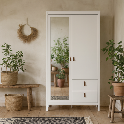 Wildberry Matt White Wooden Mirror Wardrobe 2 Doors 2 Drawers Leather Handles