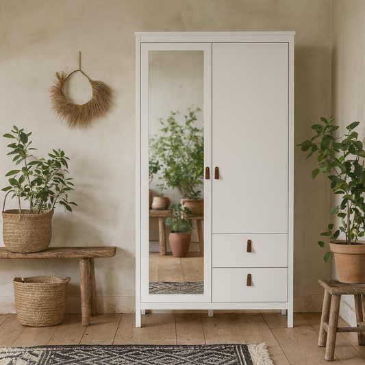 Wildberry Matt White Wooden Mirror Wardrobe 2 Doors 2 Drawers Leather Handles