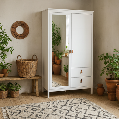 Wildberry Matt White Wooden Mirror Wardrobe 2 Doors 2 Drawers Leather Handles