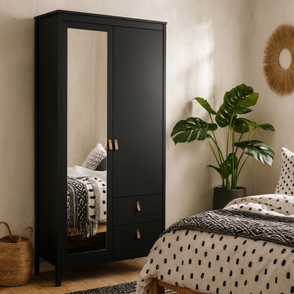 Wildberry Matt Black Wooden Mirror Wardrobe  2 Doors 2 Drawers Leather Handles