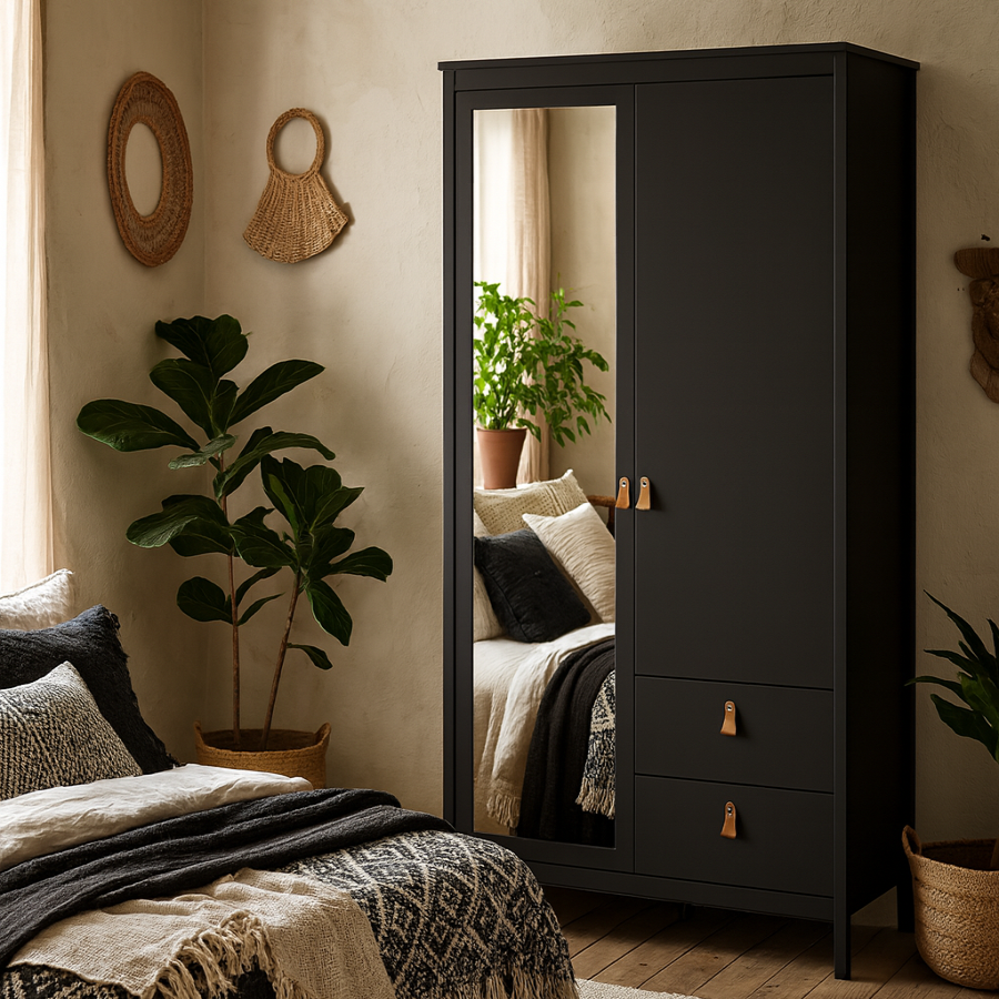 Wildberry Matt Black Wooden Mirror Wardrobe  2 Doors 2 Drawers Leather Handles