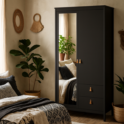 Wildberry Matt Black Wooden Mirror Wardrobe  2 Doors 2 Drawers Leather Handles